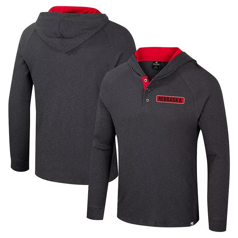 Men's Colosseum  Charcoal Nebraska Huskers Dujour Ralgan Long Sleeve Henley Hoodie T-Shirt, Size: Large Product Image