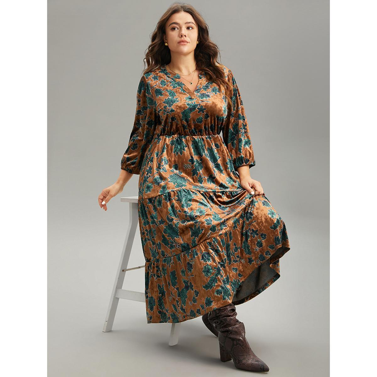 Plus Size Velvet Floral Print Notched Lantern Sleeve Dress Chocolate Women Casual Velvet Notched collar Elbow-length sleeve Curvy Midi Dress BloomChic 14-16/1X Product Image