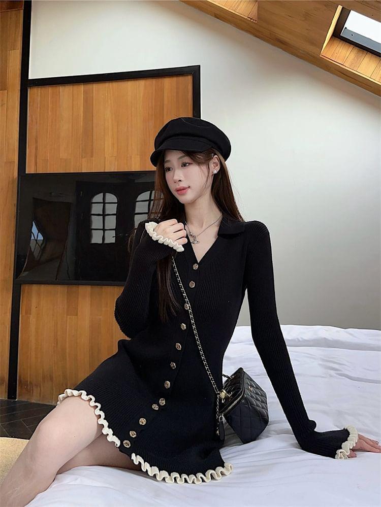 Long-Sleeve V-Neck Plain Contrast Trim Ribbed Knit Mini A-Line Dress Product Image