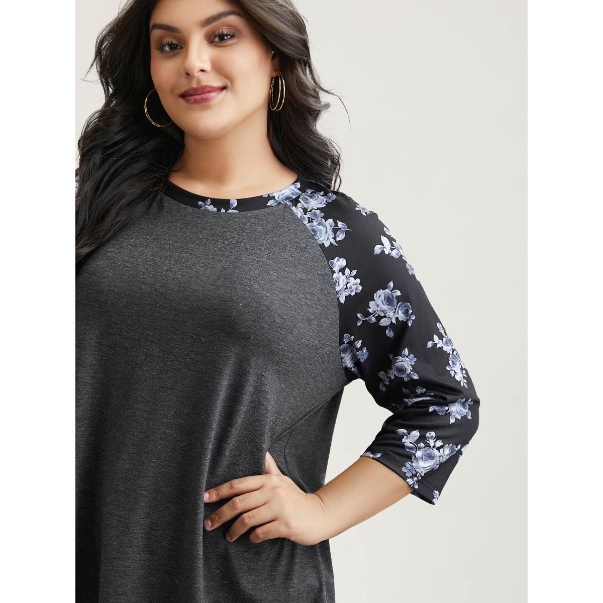 Plus Size Floral Sleeve Round Neck Flared T-Shirt DimGray Women Casual Contrast Natural Flowers Round Neck Everyday T-shirts BloomChic 22-24/3X Product Image