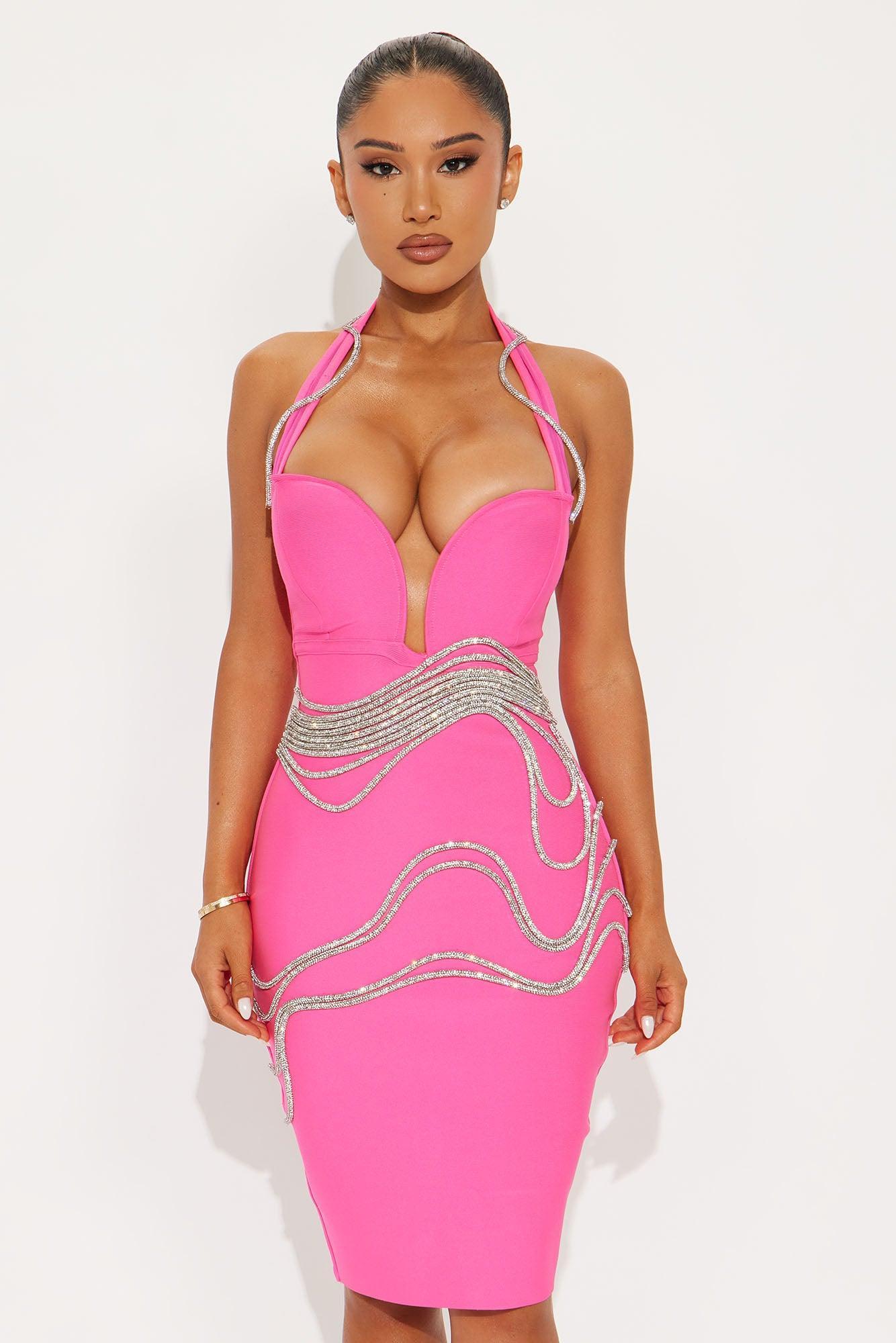 Beyond Classy Rhinestone Bandage Midi Dress - Hot Pink Product Image