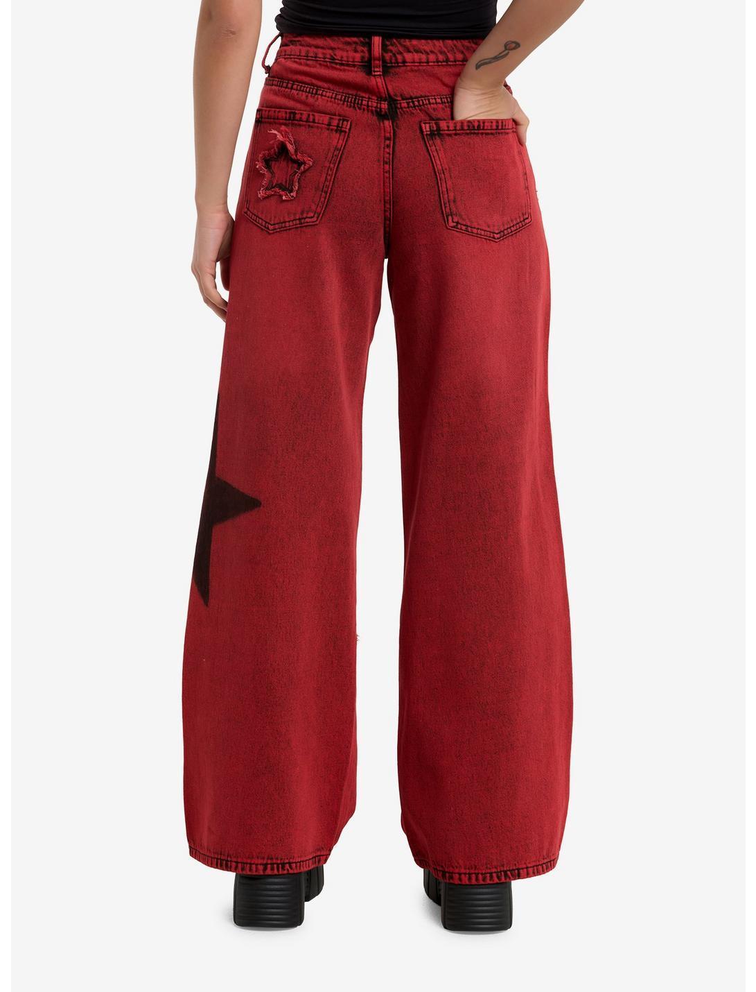 Red Wash Frayed Star Wide Leg Denim Pants Product Image