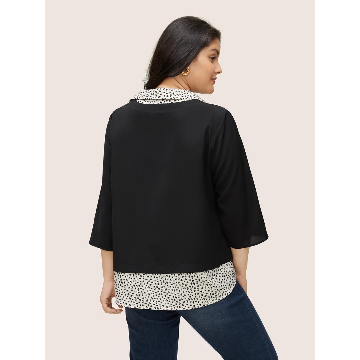 Plus Size Black Static-Free Leopard 2-In-1 Roll Tab Sleeve Blouse Women At the Office Elbow-length sleeve Shirt collar Work Blouses BloomChic 28/5X Product Image