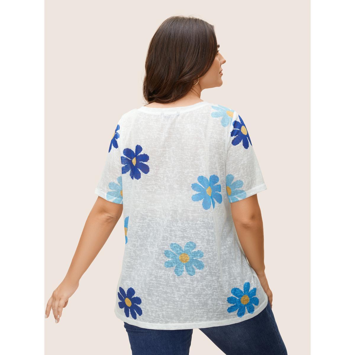 Plus Size Colored Floral V Neck See Through T-Shirt Multicolor Women Casual See through Art&design V-neck Everyday T-shirts BloomChic 14-16/1X Product Image