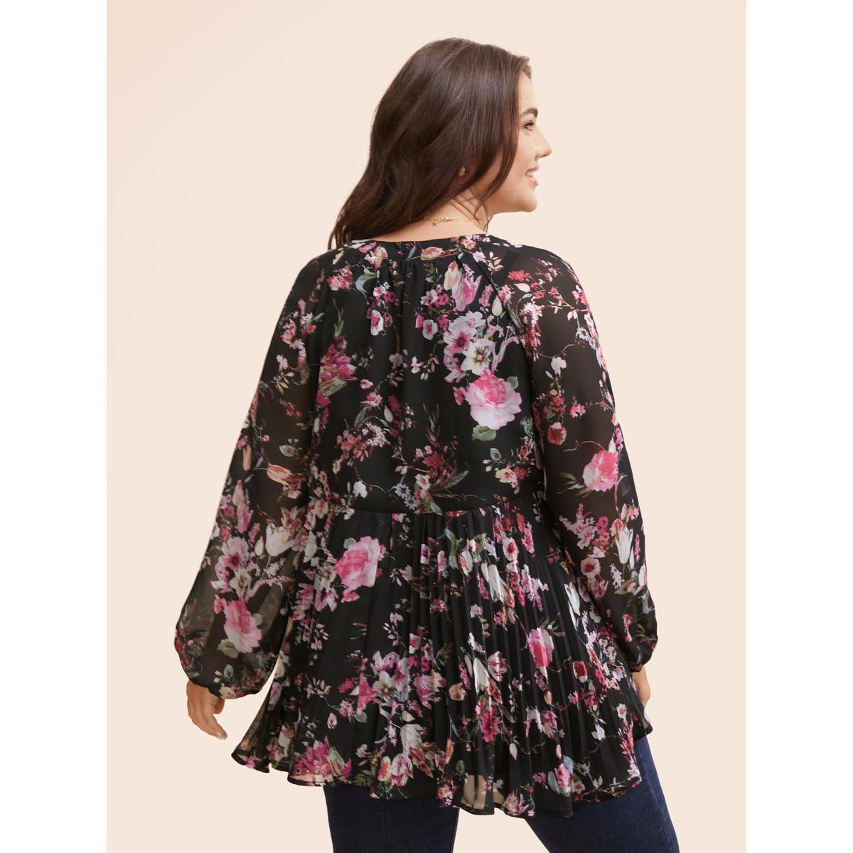 Plus Size Black Chiffon Floral Pleated Pocket Blouse Women Elegant Long Sleeve Flat collar with V-notch Everyday Blouses BloomChic 28/5X Product Image