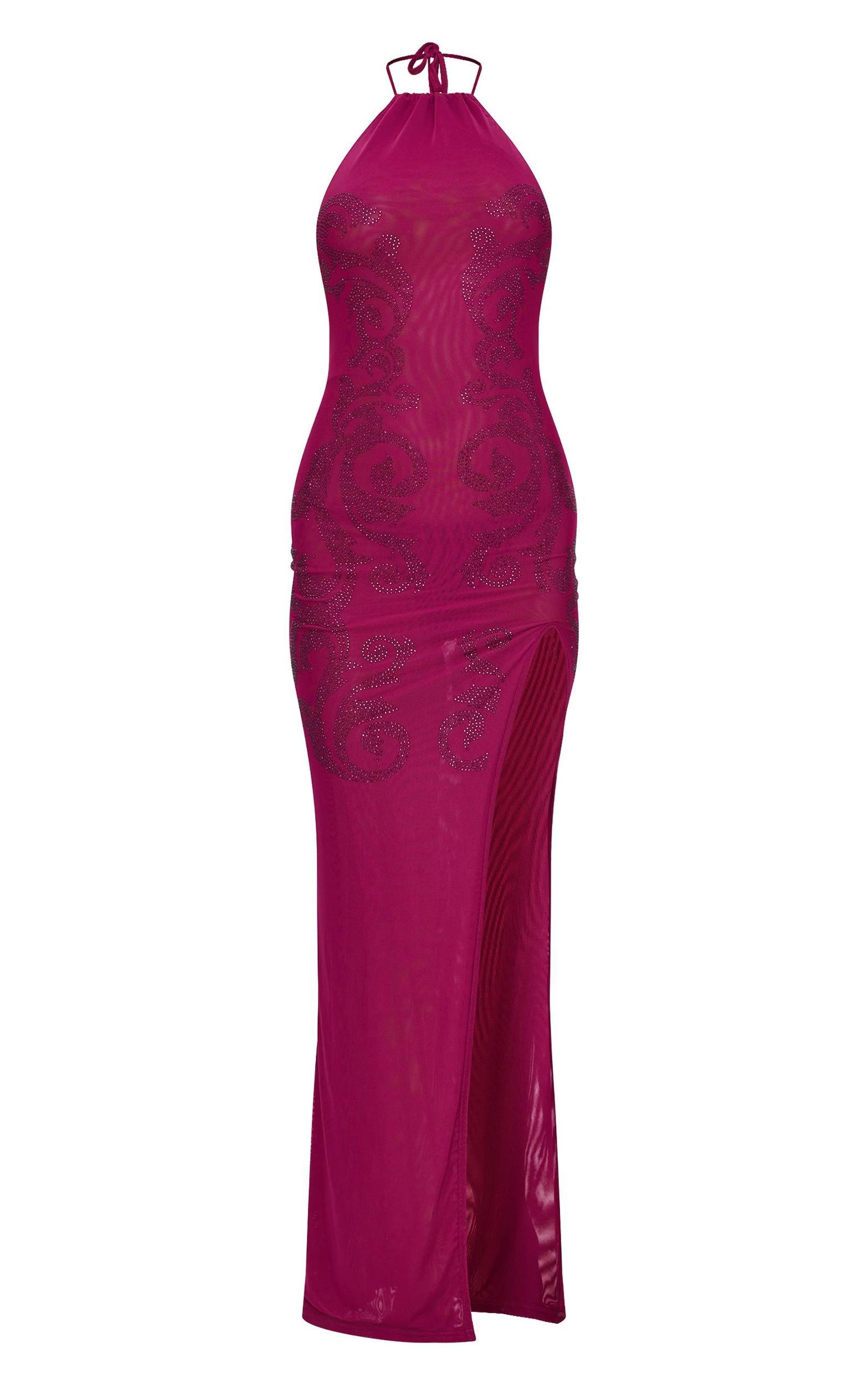 Wine Lined Mesh Diamante Detail Split Maxi Dress Product Image