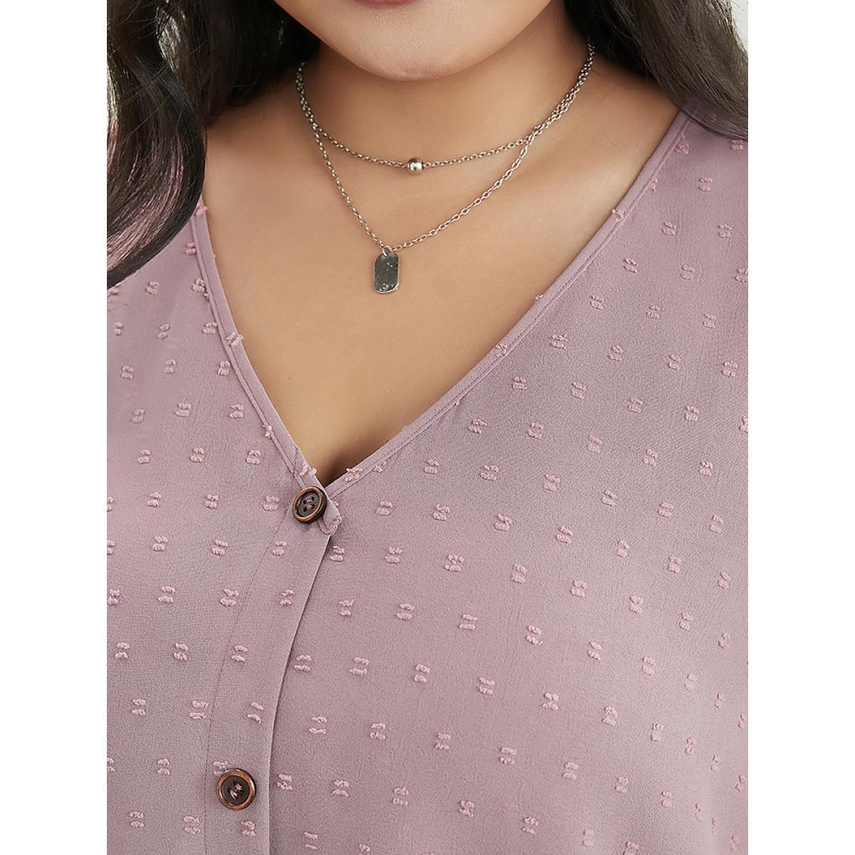 Plus Size Mauve Polka Dot V Neck Button Detail Cuffed Sleeve Blouse Women Office Elbow-length sleeve V-neck Work Blouses BloomChic 22-24/3X Product Image