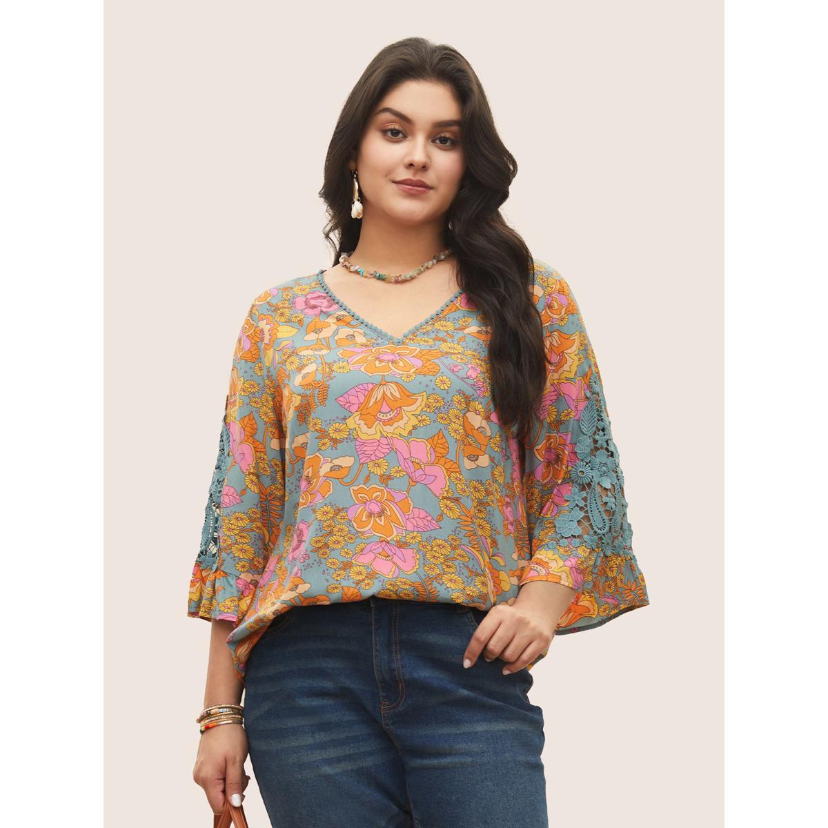 Plus Size Stone Boho Print Guipure Lace Ruffles Blouse Women Resort Elbow-length sleeve V-neck Vacation Blouses BloomChic 28/5X Product Image