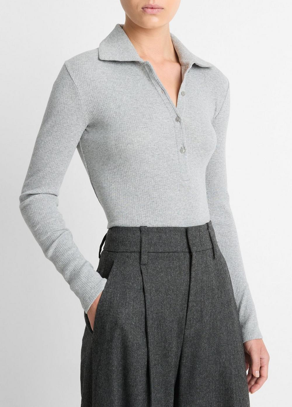 Womens Ribbed Cotton Long-Sleeve Polo Shirt, Heather Mid Grey, Size XL Vince Product Image