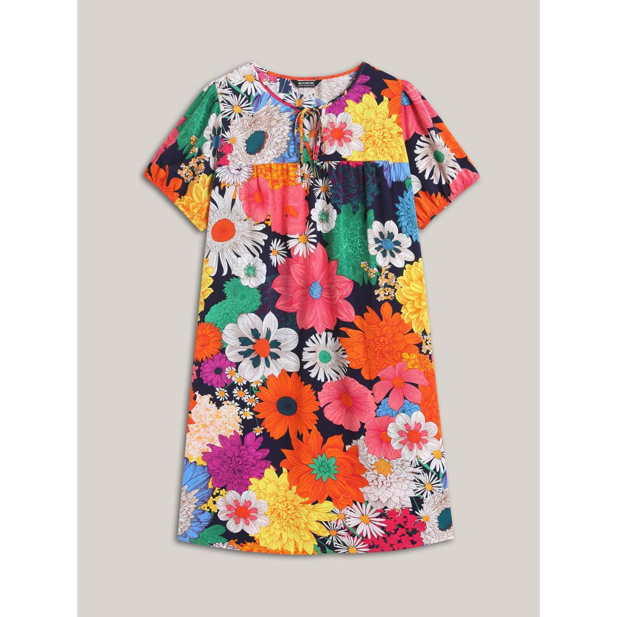 Plus Size Large Floral Print Neck Tie Midi Dress DarkBlue Women Notched collar Short sleeve Curvy BloomChic 12/L Product Image