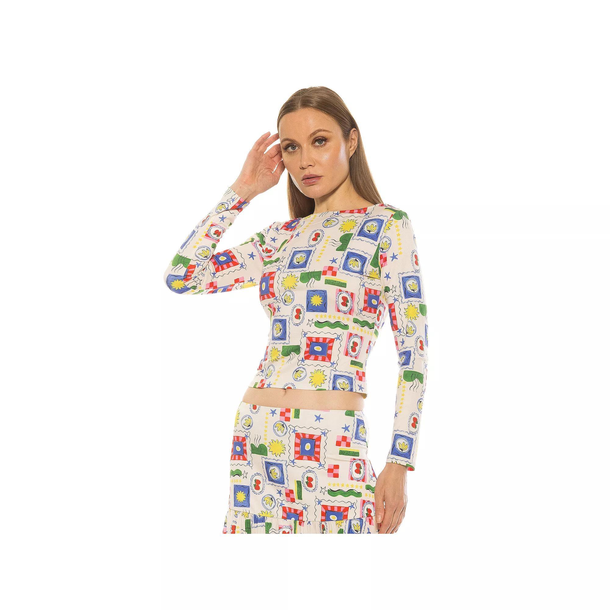 Women's ALEXIA ADMOR Dahlia Boatneck Long Sleeve Shirt, Size: Small, Ivory Stamps Product Image
