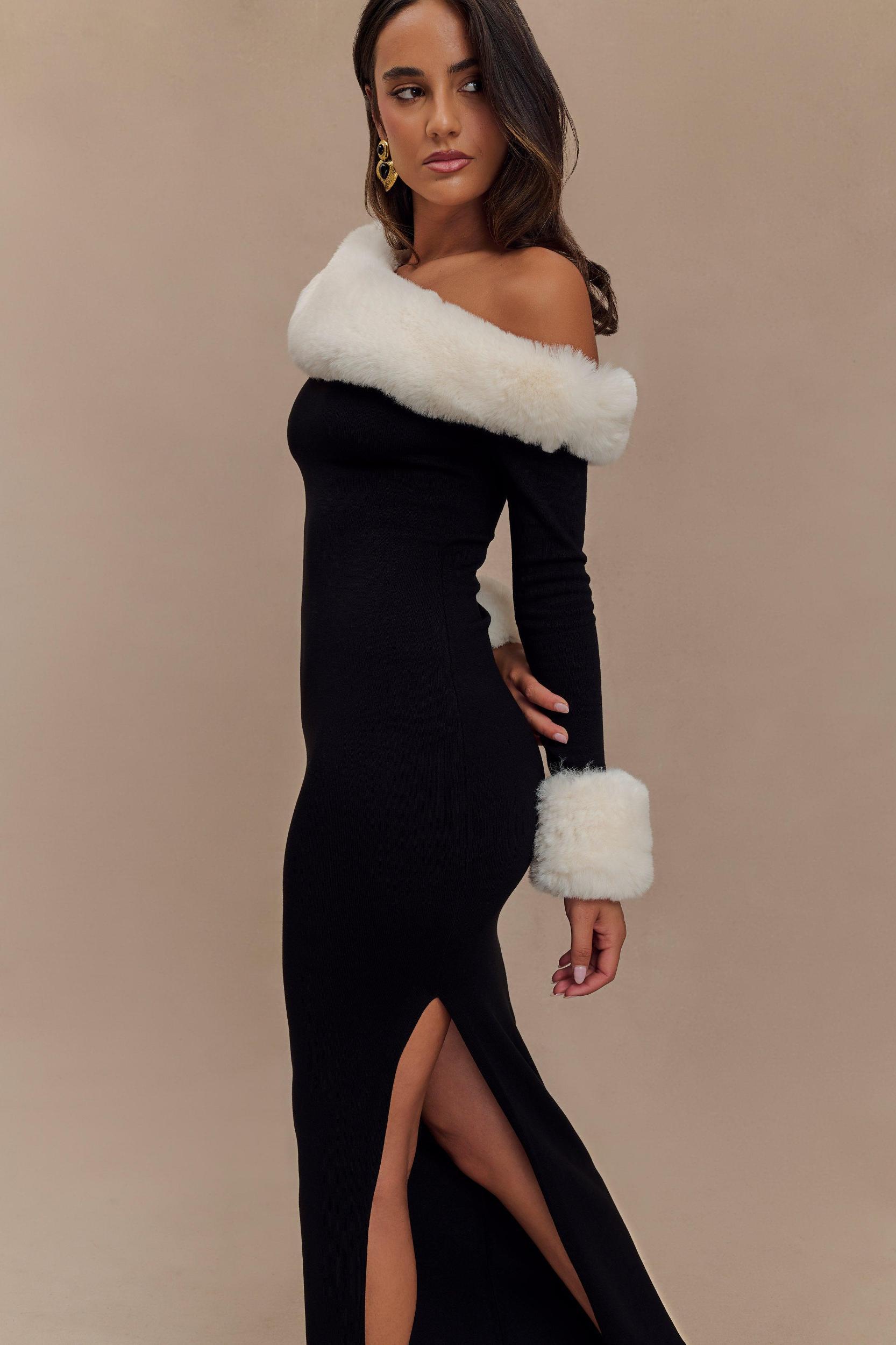 Karleigh Faux Fur Knit Maxi Dress - Black/White Product Image