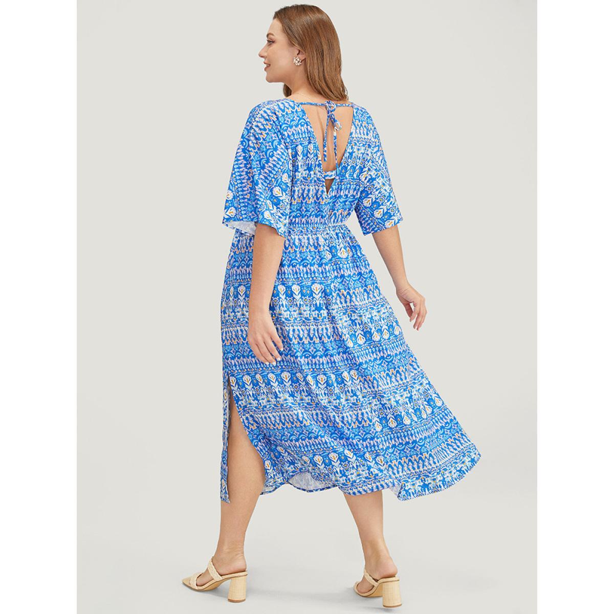 Plus Size Bandana Print Dolman Sleeve Knot Fringe Trim Split Dress Blue Women Vacation Tassels V-neck Short sleeve Curvy Midi Dress BloomChic 14-16/1X Product Image