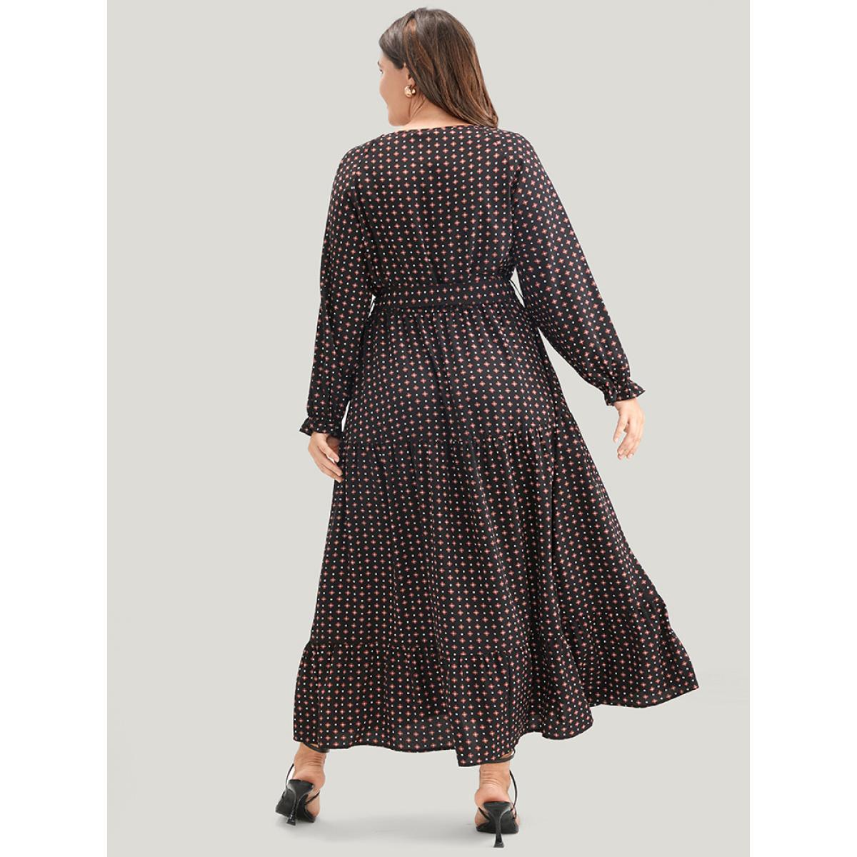 Plus Size Geometric Belted Lantern Sleeve Pocket Ruffle Tiered Dress Black Women Elegant Pocket V-neck Long Sleeve Curvy Midi Dress BloomChic 10/M Product Image