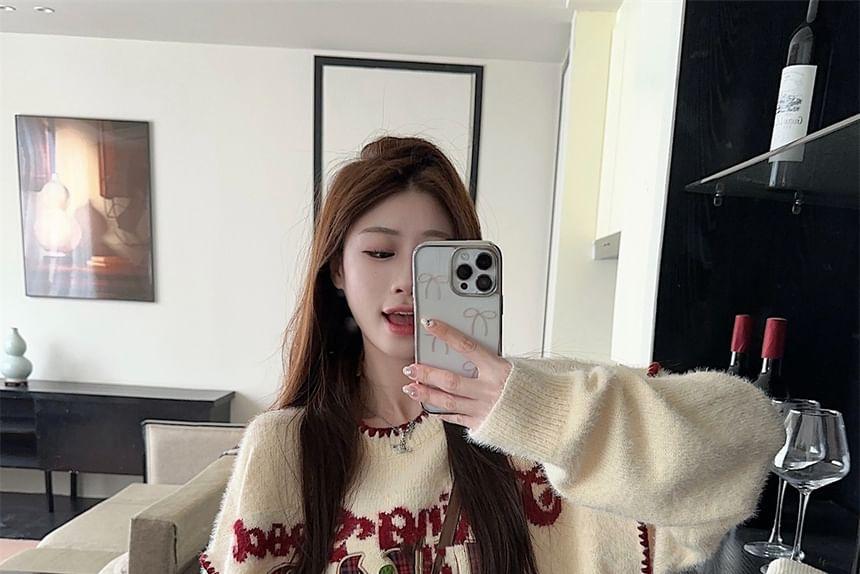 Drop Shoulder Crew Neck Lettering Oversized Sweater Product Image
