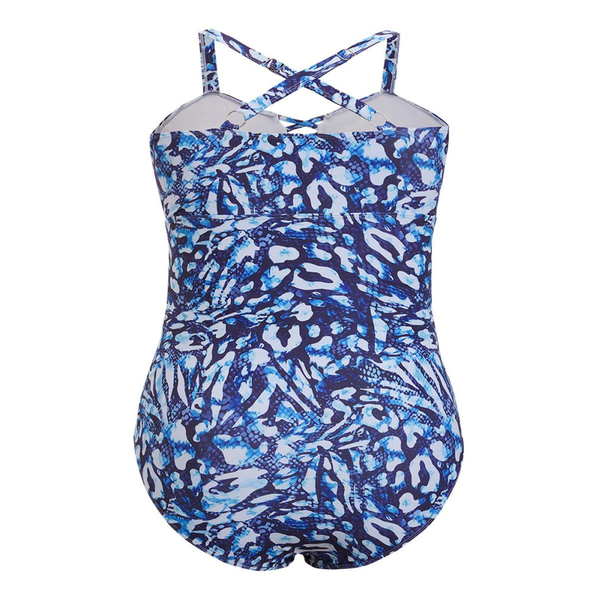 Plus Size Leopard Print Ruched Crisscross Front One Piece Swimsuit Women's Swimwear Blue Vacation Adjustable Straps Curve Bathing Suits High stretch One Pieces BloomChic 14-16/1X Product Image