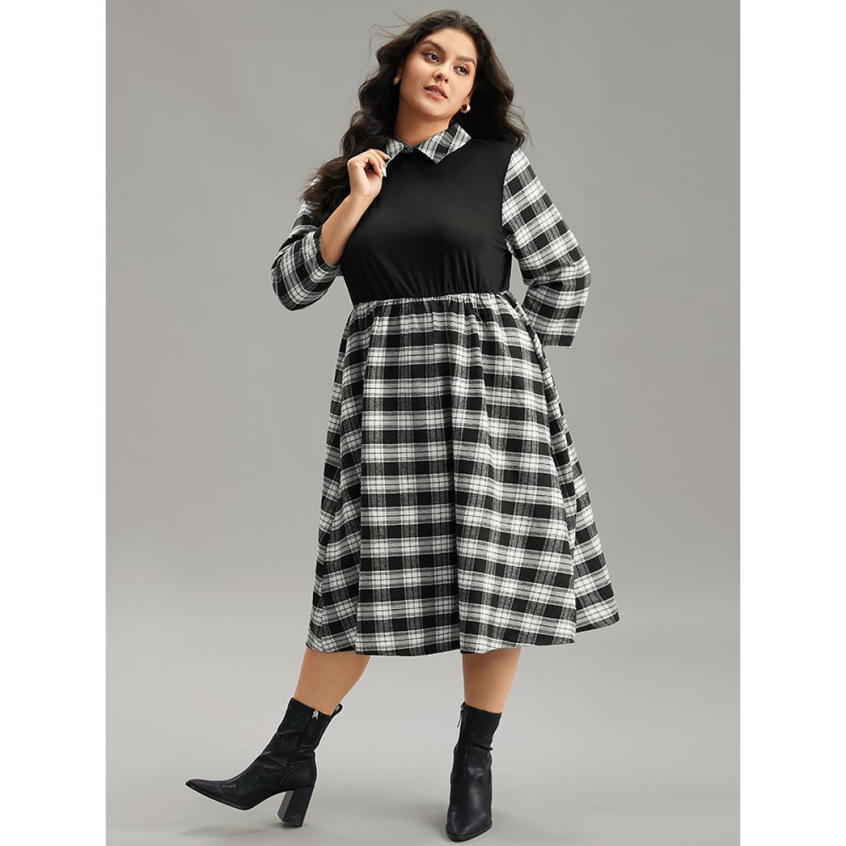 Plus Size Plaid Patchwork Elastic Waist Lapel Collar Dress Black Women Casual Printed Lapel Collar Elbow-length sleeve Curvy Midi Dress BloomChic 28/5X Product Image
