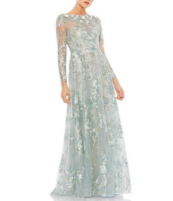 Mac Duggal Floral Embroidered Sequin Illusion Boat Neck Long Sleeve Gown Product Image