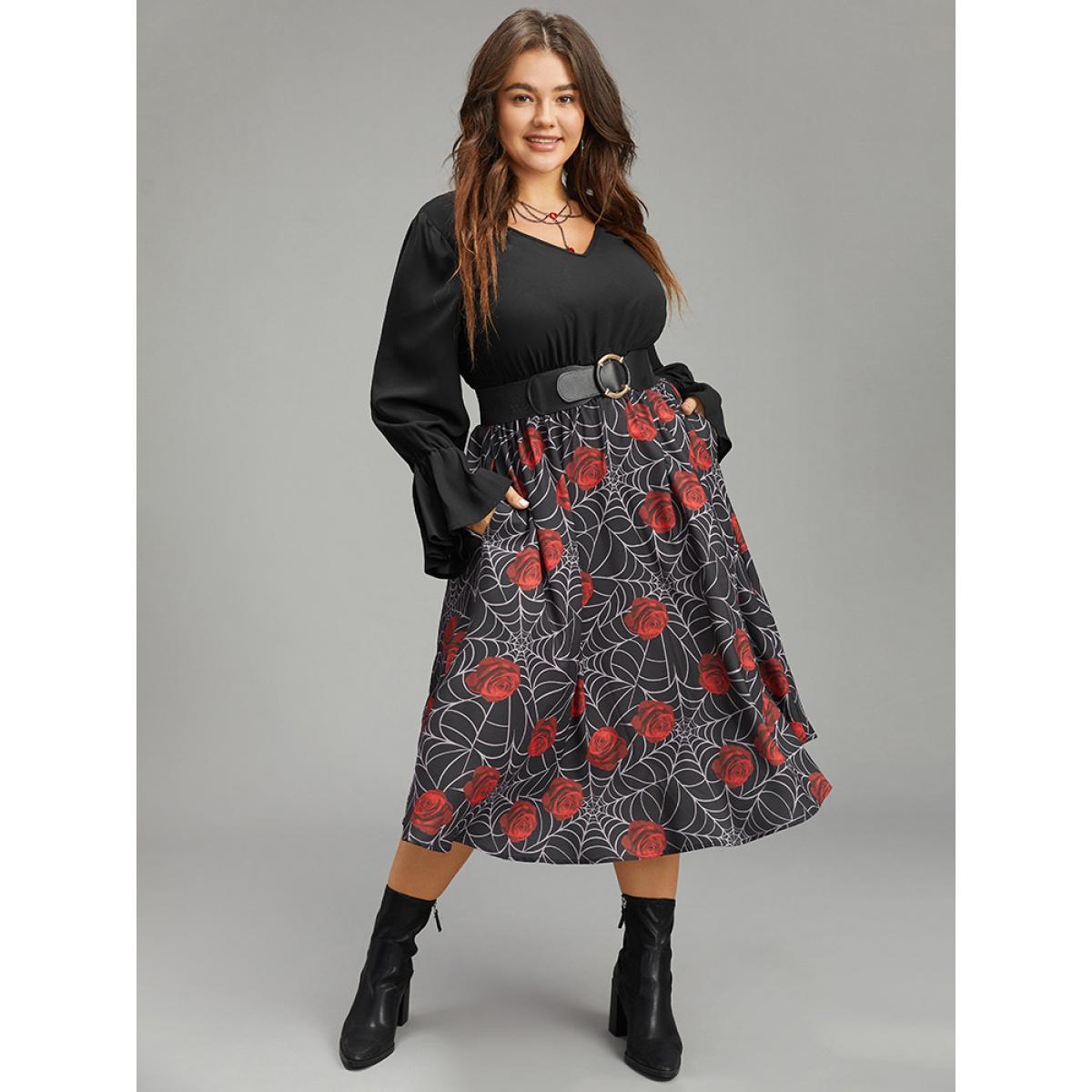 Plus Size Halloween Rose Ruffles Shirred Elastic Waist Dress Black Women Casual Printed V-neck Long Sleeve Curvy Midi Dress BloomChic 26/4X Product Image