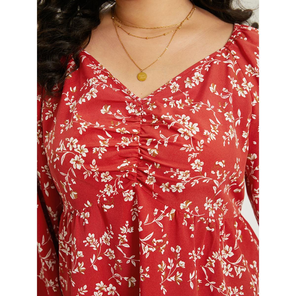 Plus Size Rust Floral Print Ruched Lantern Sleeve Blouse Women Elegant Long Sleeve V-neck Dailywear Blouses BloomChic 18-20/2X Product Image