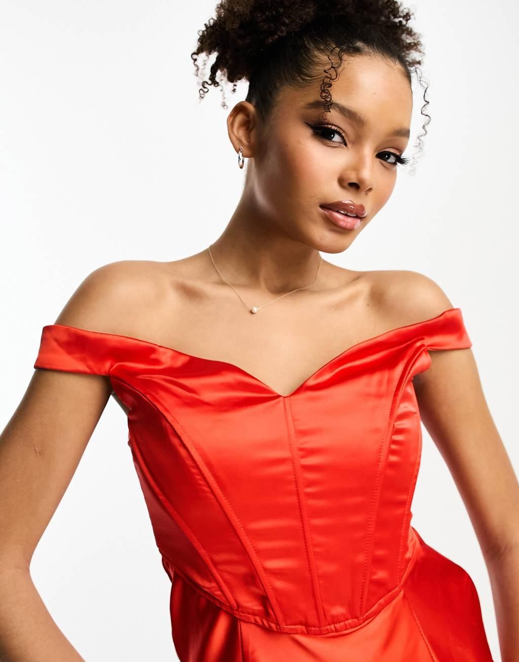 Rare London satin bardot corset detail midi dress Product Image