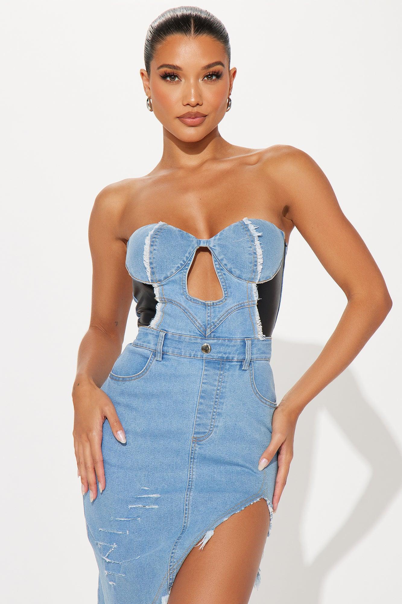 Dolly Distressed Denim Midi Dress - Light Wash Product Image