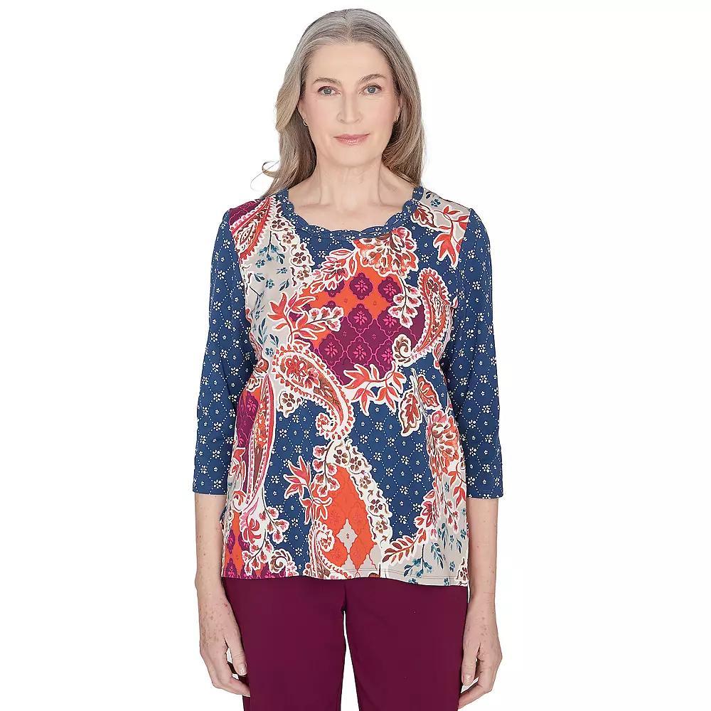 Petite Alfred Dunner Paisley Patchwork Knotted Crewneck Top, Women's, Size: Large Petite, Multi Blue Product Image