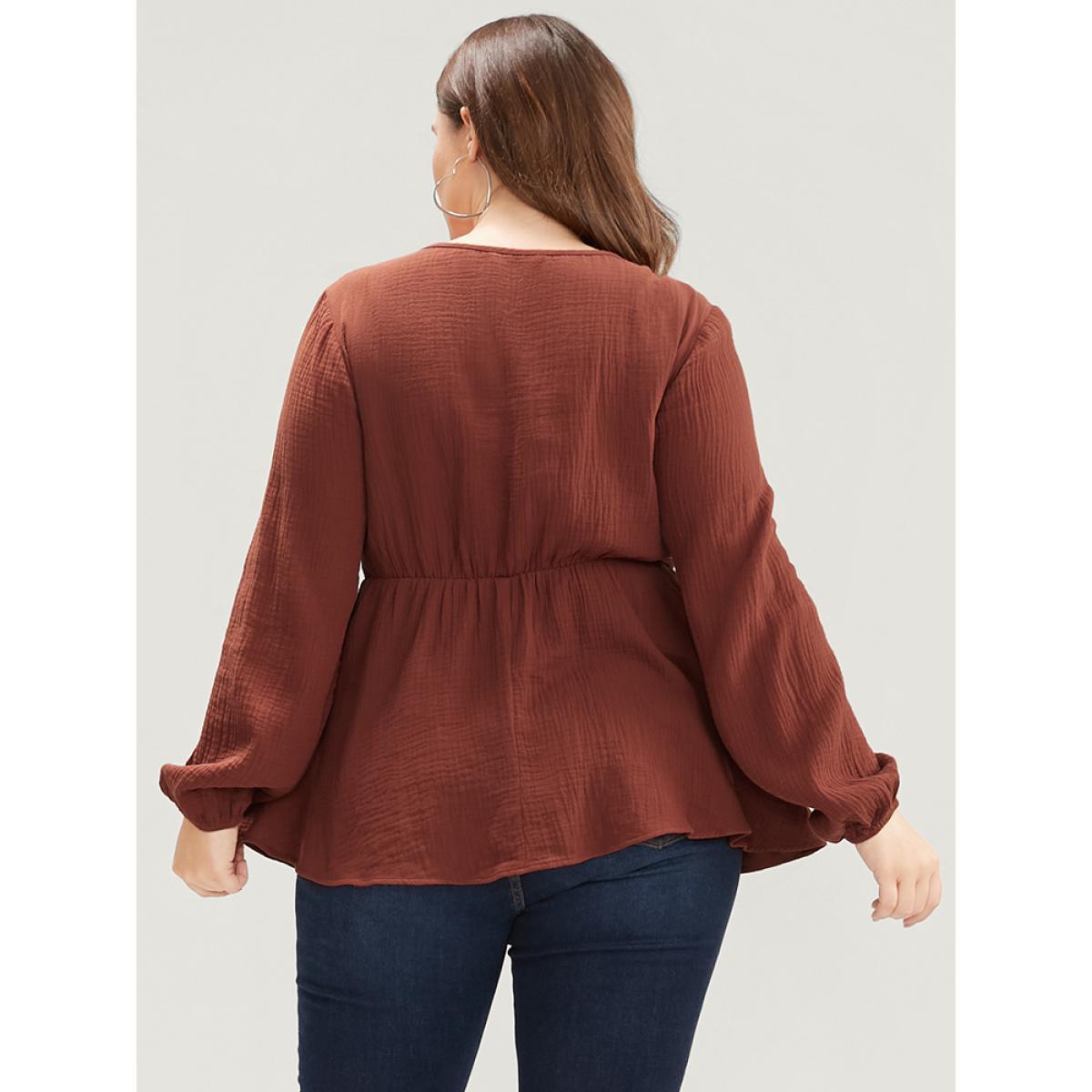 Plus Size Scarlet Solid V Neck Lantern Sleeve Shirred Ruffle Hem Blouse Women Elegant Long Sleeve V-neck Dailywear Blouses BloomChic 22-24/3X Product Image