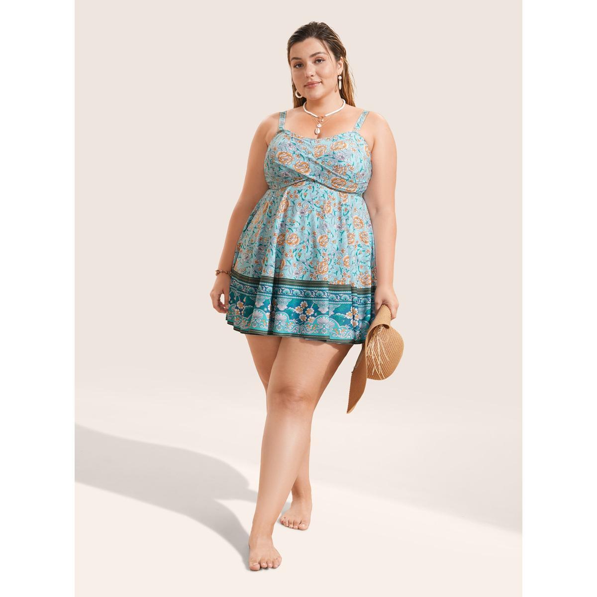 Plus Size Bandana Print Crossover Adjustable Straps Swim Dress Women's Swimwear Mint Beach Bodycon Deep V-neck High stretch Curve Swim Dresses BloomChic 18-20/2X Product Image