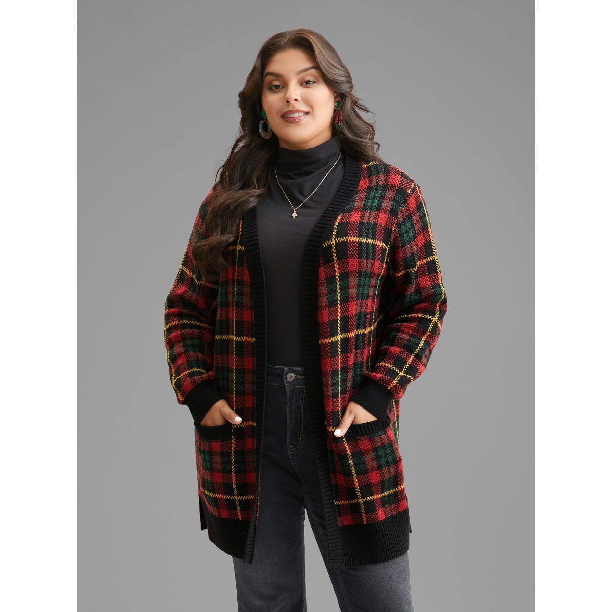 Plus Size Holiday Plaid V-neck Open Cardigan Black Women Casual Loose Long Sleeve Everyday Cardigans BloomChic 26/4X Product Image