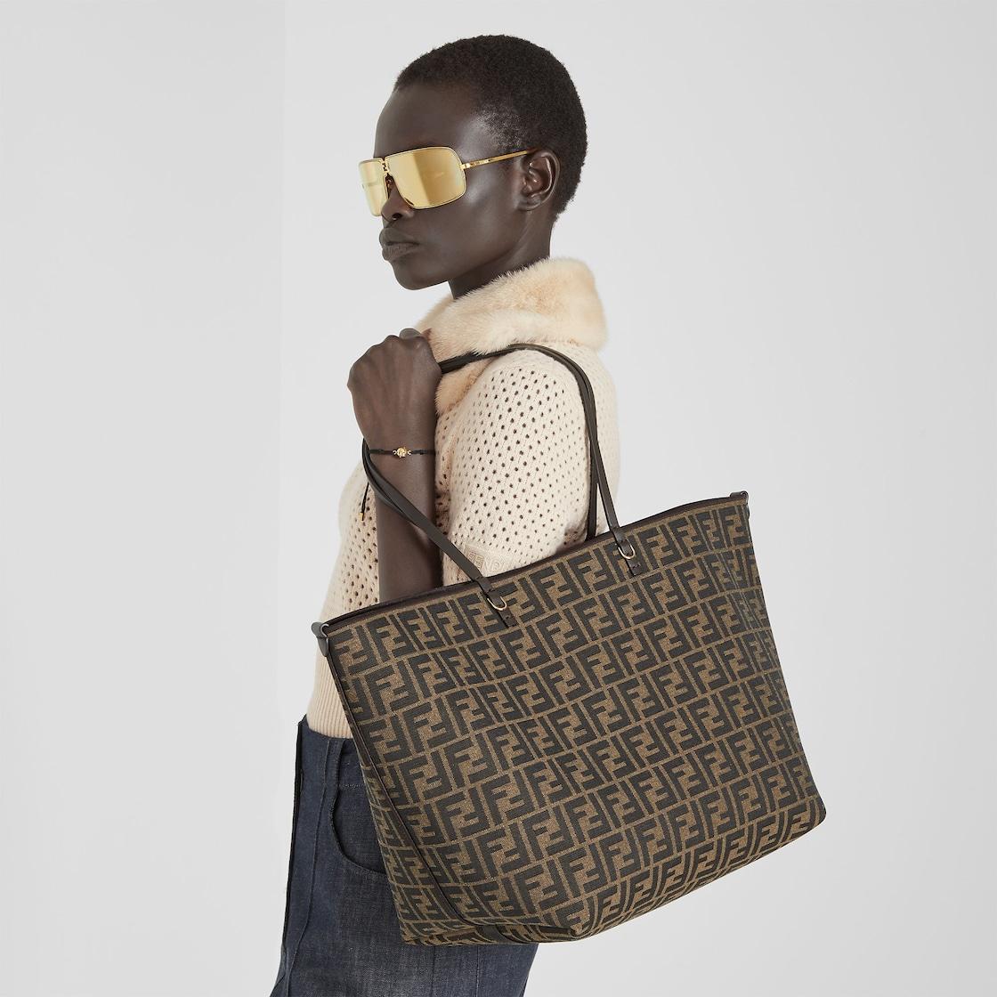 Roll LargeTobacco brown FF jacquard and striped Pequin fabric shopper Product Image