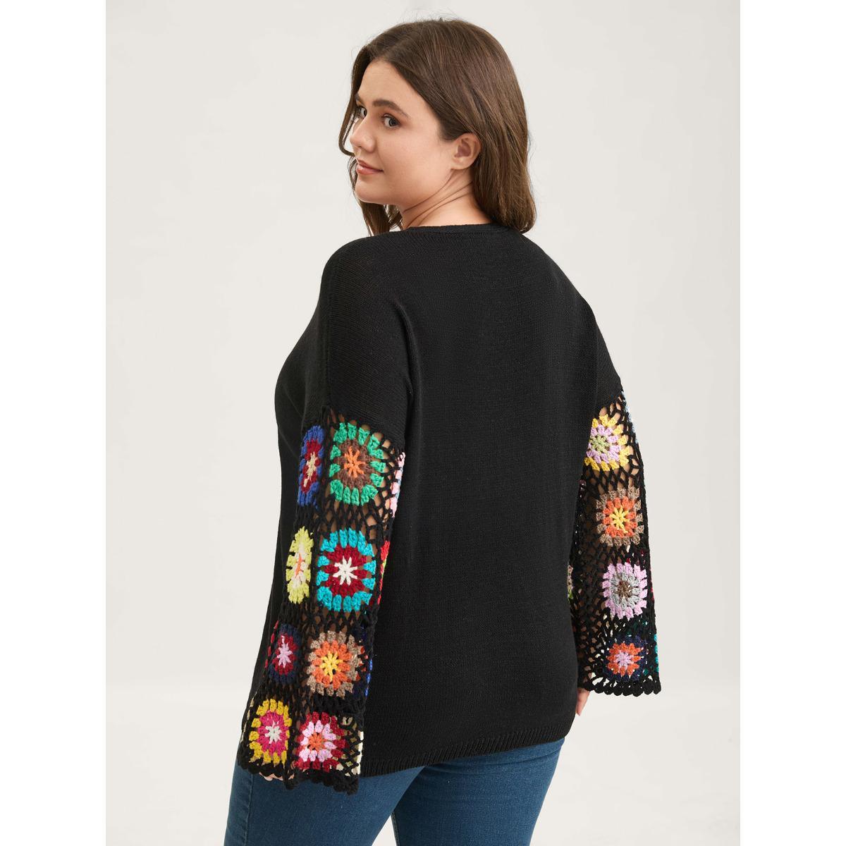 Plus Size Crochet Floral Tie Cut-Out Cardigan Black Women Loose Long Sleeve Everyday-Casual Cardigans BloomChic 12/L Product Image
