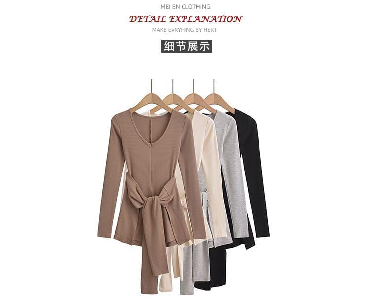 Long-Sleeve V-Neck Skinny Playsuit with Cover-Up Wrap Skirt Product Image