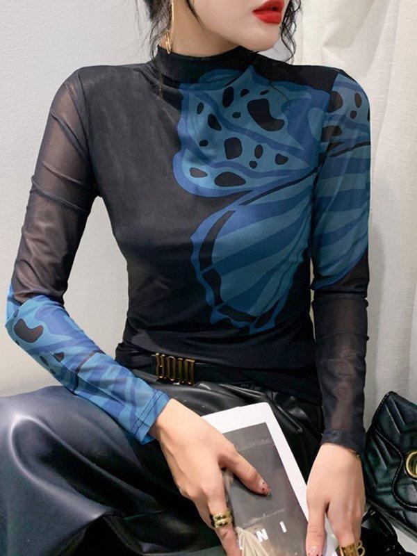 Long Sleeves Skinny Butterfly Print Split-Joint Mock Neck T-Shirts Tops Product Image