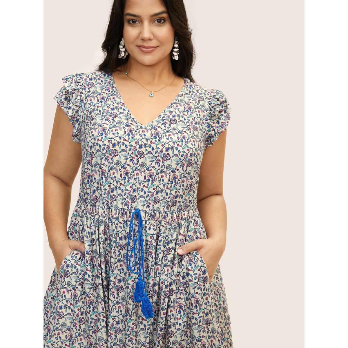 Plus Size Paisley Print Tiered Ruffles Pocket Dress Bluepurple Women Resort Cross straps V-neck Cap Sleeve Curvy BloomChic 22-24/3X Product Image