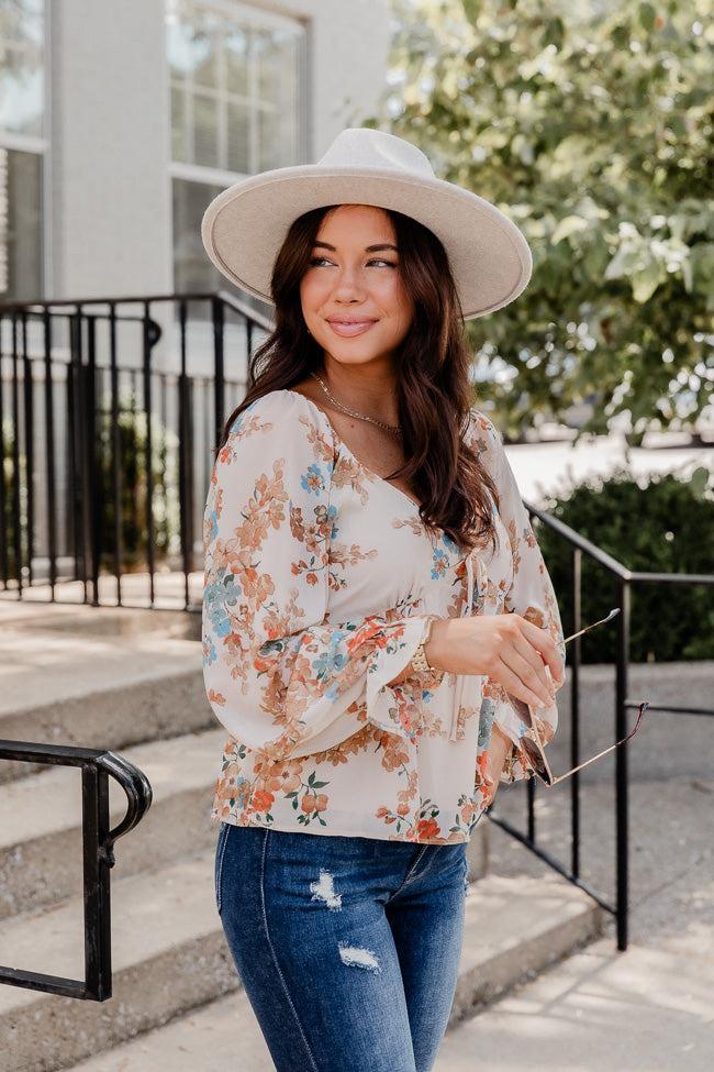 Amuse Me Beige Tie Bust Floral Blouse FINAL SALE Product Image