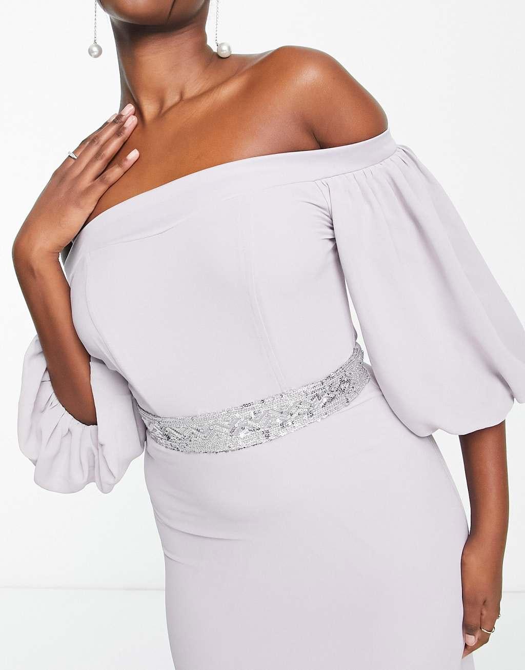TFNC Bridesmaid bardot chiffon maxi dress with embellished waist Product Image