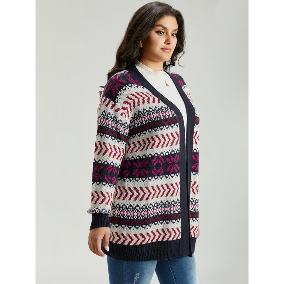 Plus Size Geo Print Open Front Patchwork Cardigan Multicolor Women Casual Loose Long Sleeve Festival-Christmas Cardigans BloomChic 22-24/3X Product Image