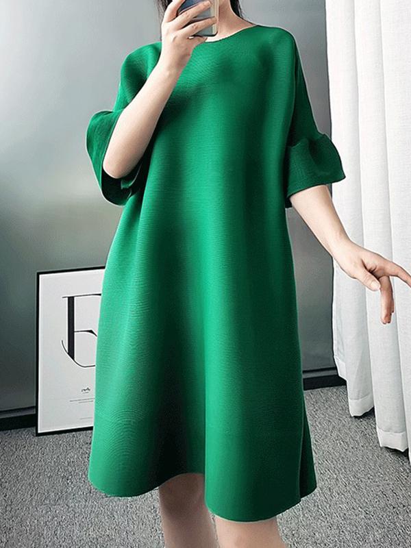 Stylish Selection Flared Sleeves A-Line Pleated Solid Color Round-Neck Midi Dresses Product Image