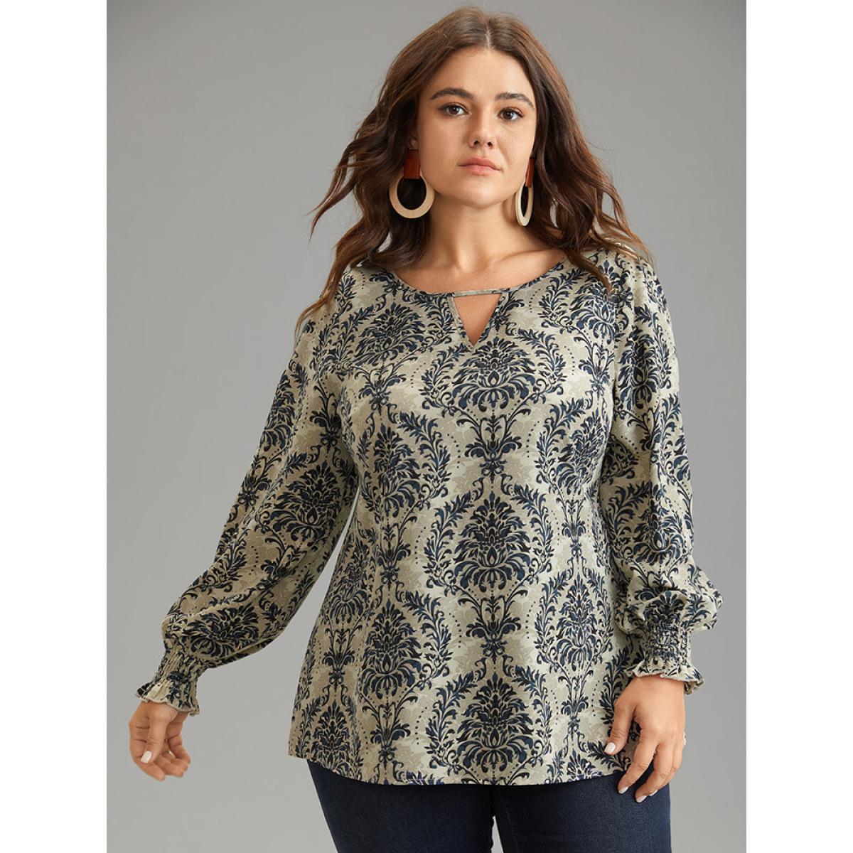 Plus Size Multicolor Bandana Print Keyhole Shirred Lantern Sleeve Blouse Women Vacation Long Sleeve Keyhole Cut-Out Vacation Blouses BloomChic 26/4X Product Image