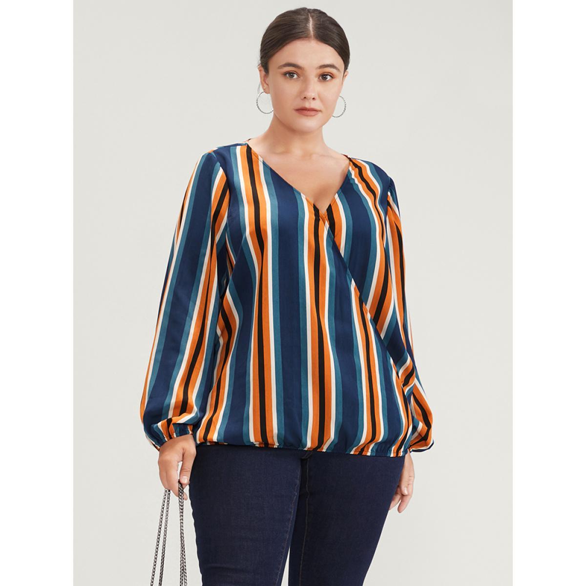 Plus Size Indigo Striped Lantern Sleeve Wrap Blouse Women Office Long Sleeve V-neck Work Blouses BloomChic 26/4X Product Image