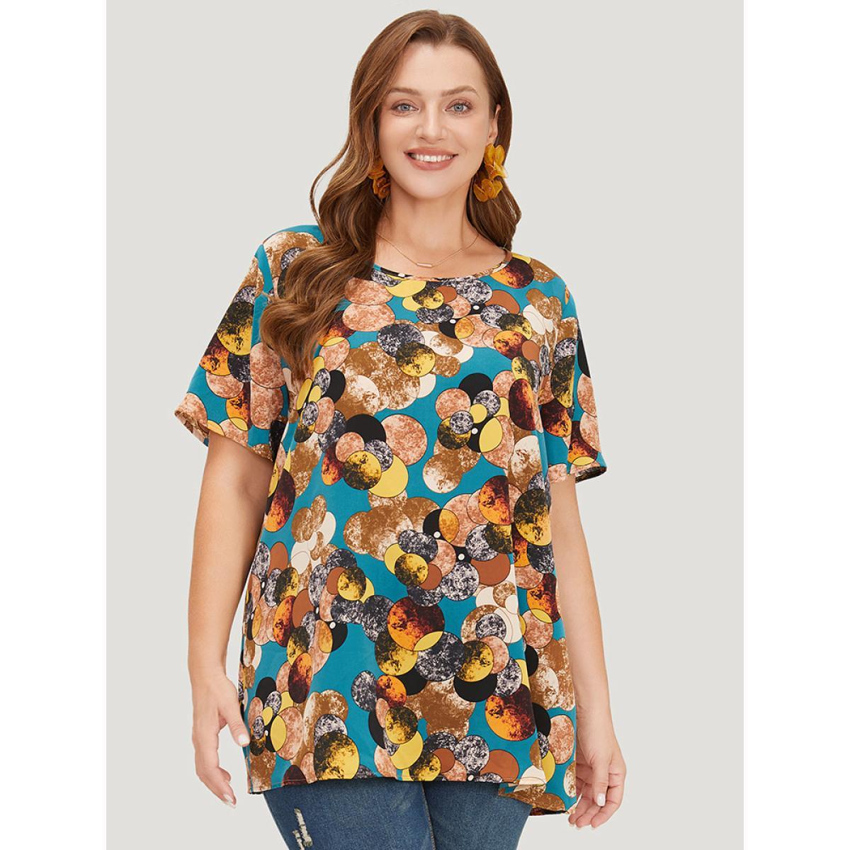 Plus Size Cyan Allover Print Round Neck Contrast Blouse Women Elegant Short sleeve Round Neck Dailywear Blouses BloomChic 12/L Product Image
