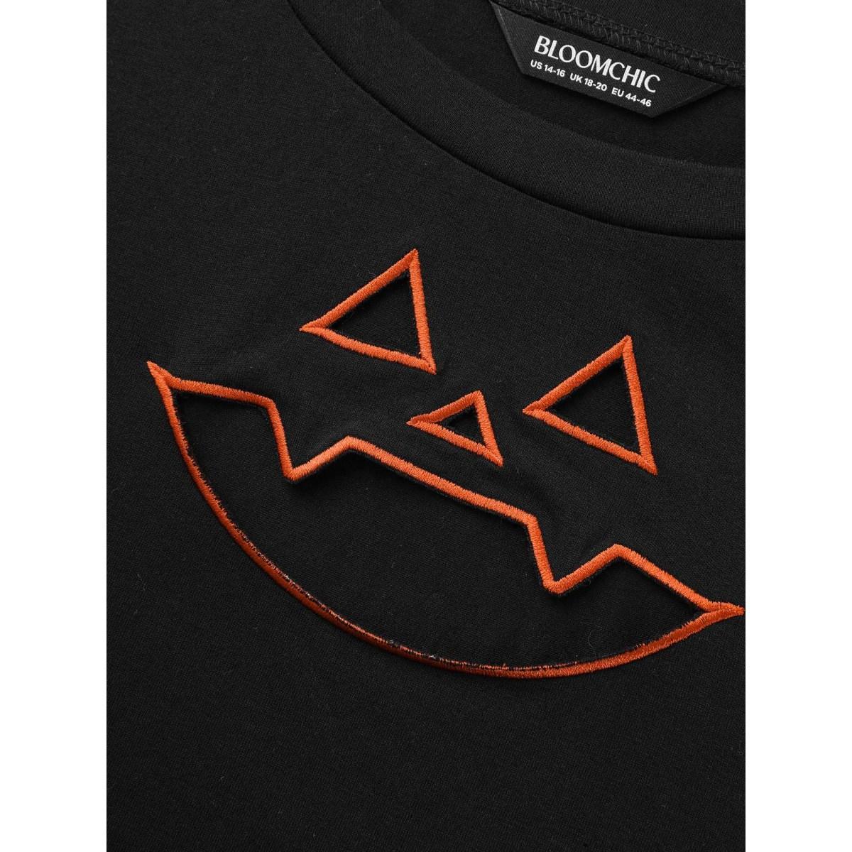 Plus Size Jack-O-Lantern Neck Hollow Embroidered T-shirt Black Women Casual Cut-Out Halloween Round Neck Everyday T-shirts BloomChic 10/M Product Image