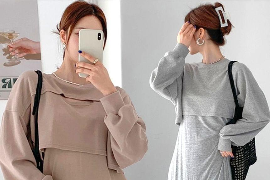 Set: Long-Sleeve Plain Cutout Top + Slipdress Product Image