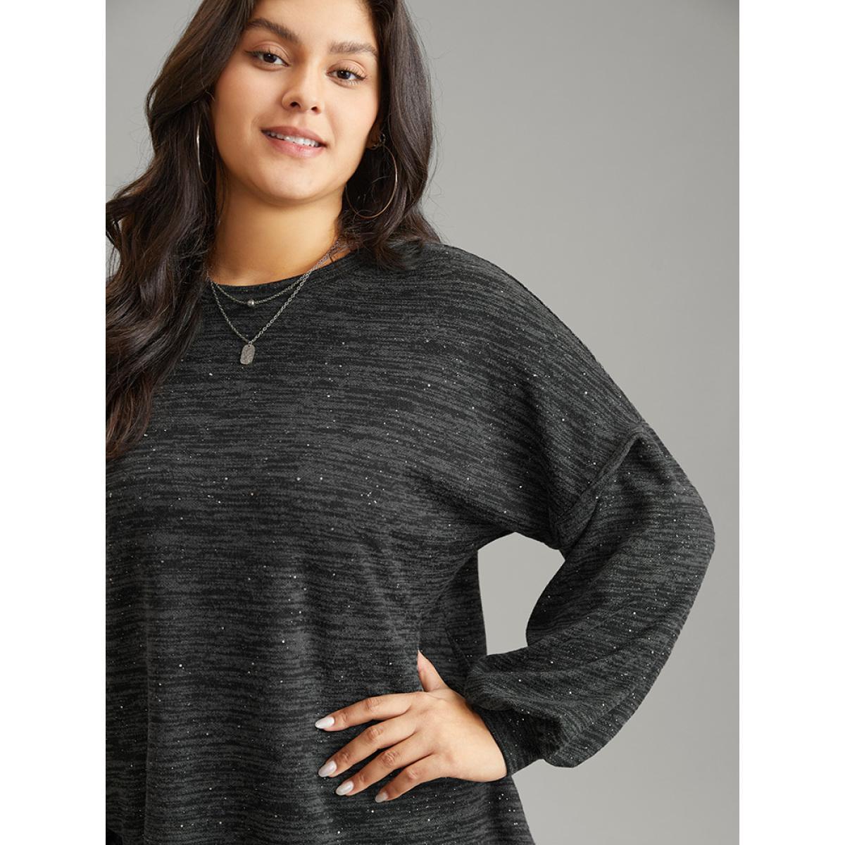 Plus Size Sequin Lantern Sleeve Drop Shoulder Sweatshirt Women DimGray Casual Sequin Round Neck Dailywear Sweatshirts BloomChic 14-16/1X Product Image