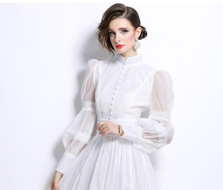 Cinched Sleeve Stand Collar Plain Panel Mesh Maxi A-Line Dress Product Image