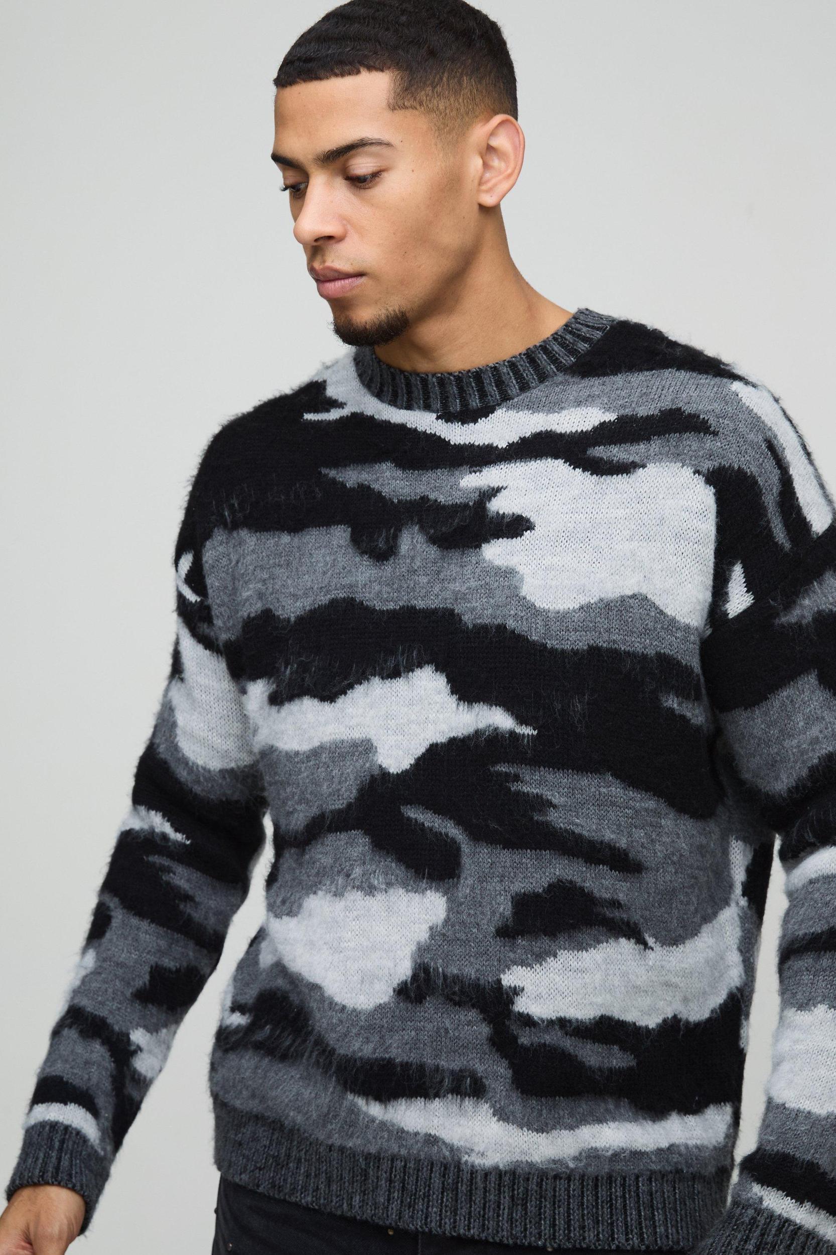 Oversized Dropped Shoulder Camo Brushed Knit Sweater | boohooMAN USA Product Image