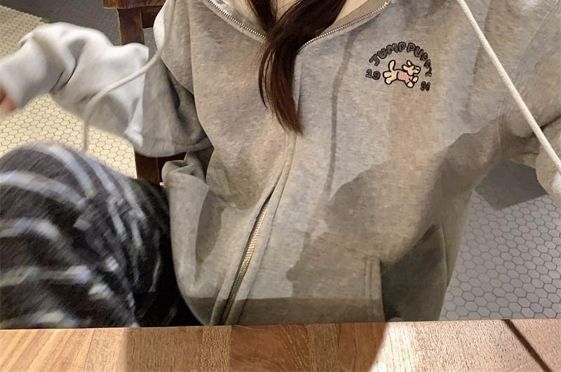 Dog Embroidered Zip-Up Hoodie Product Image