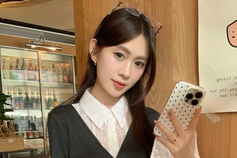 Mock Two-Piece Long-Sleeve Two Tone Slim Fit Shirt / High Waist Plain Wide Leg Pants Product Image