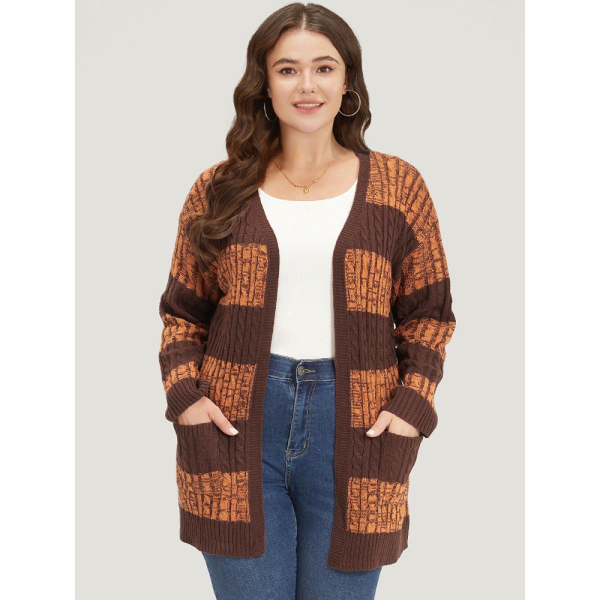 Plus Size Halloween Colorblock Cable Knit Patched Pocket Cardigan Chocolate Women Casual Loose Long Sleeve Festival-Halloween Cardigans BloomChic 26/4X Product Image